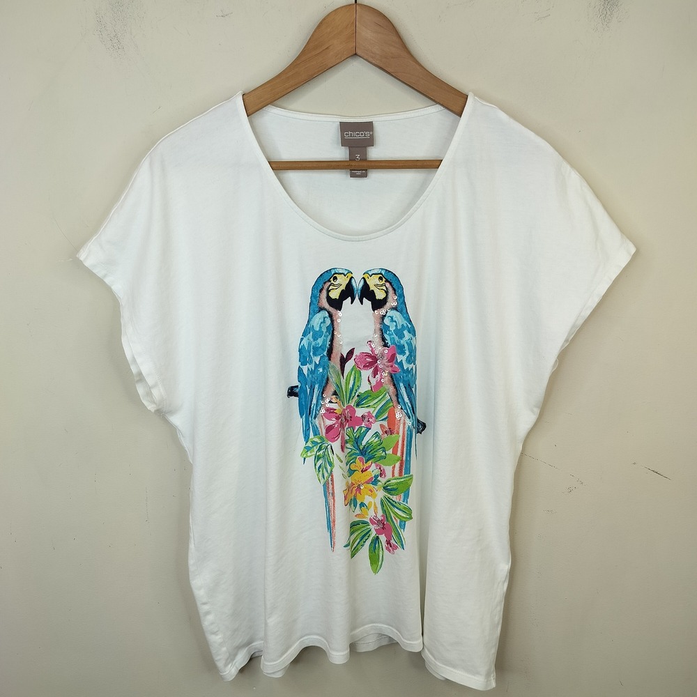 Chico's Tee Shirt 3 / XL Sequin Parrot Floral Tropical White Cotton
